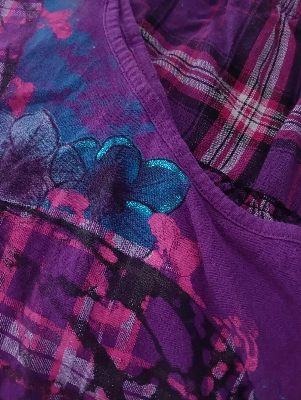 Girls' Purple Butterfly Top And Plaid Skirt Black Leggings Outfit Set Size S 7/8